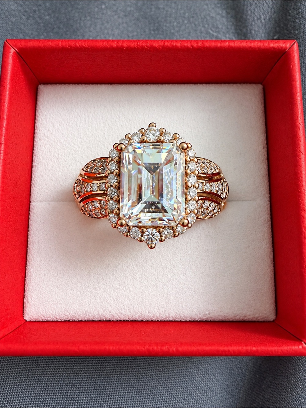 Elegant Rose Gold Statement Ring with Clear Emerald-Cut Center Stone